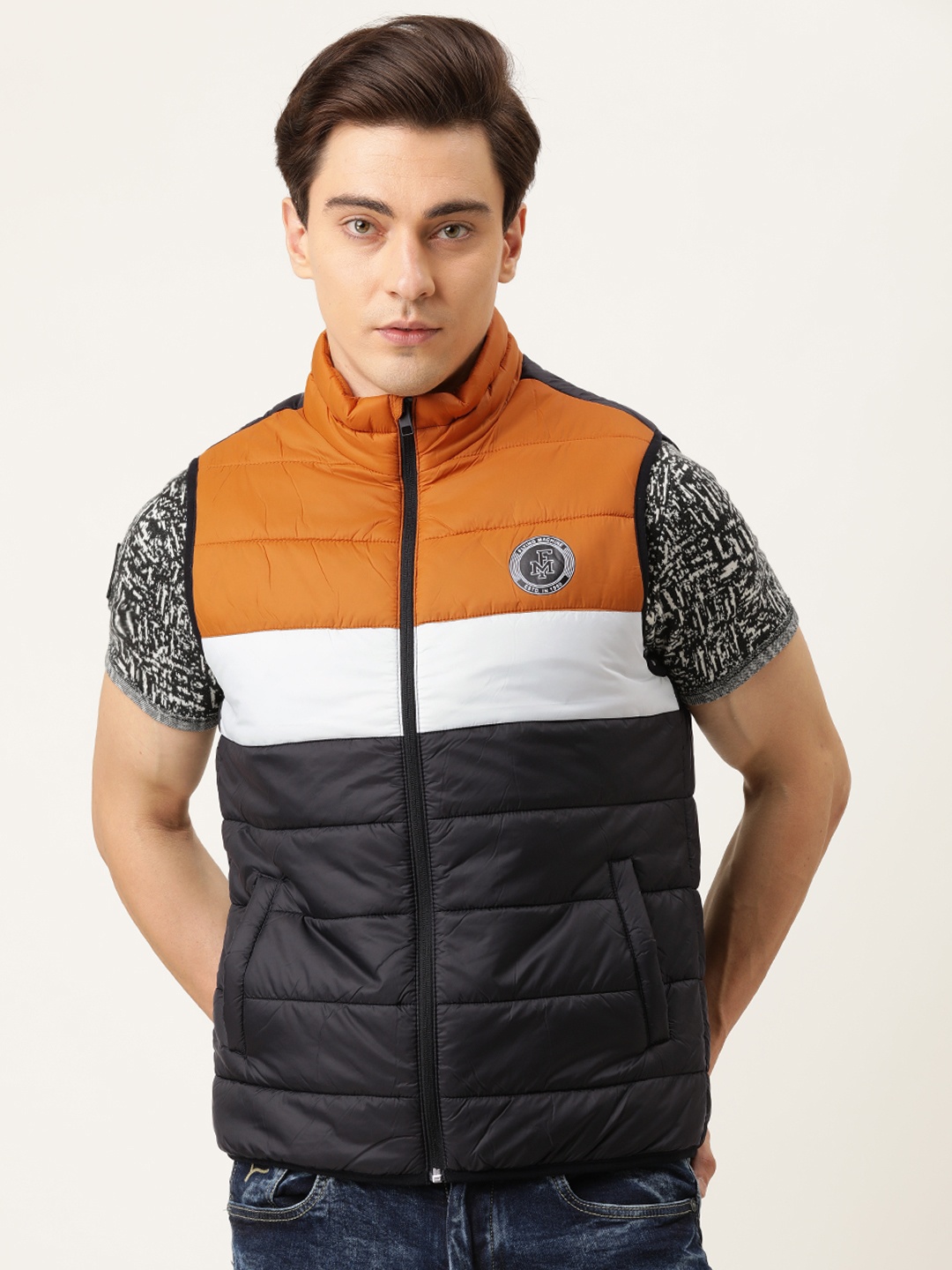 

Flying Machine Men Black & Orange Colourblocked Padded Jacket
