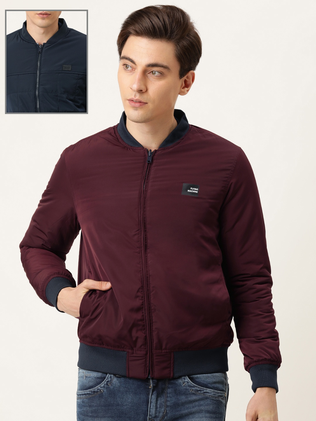 

Flying Machine Men Navy Blue/ Maroon Puffer Reversible Jacket