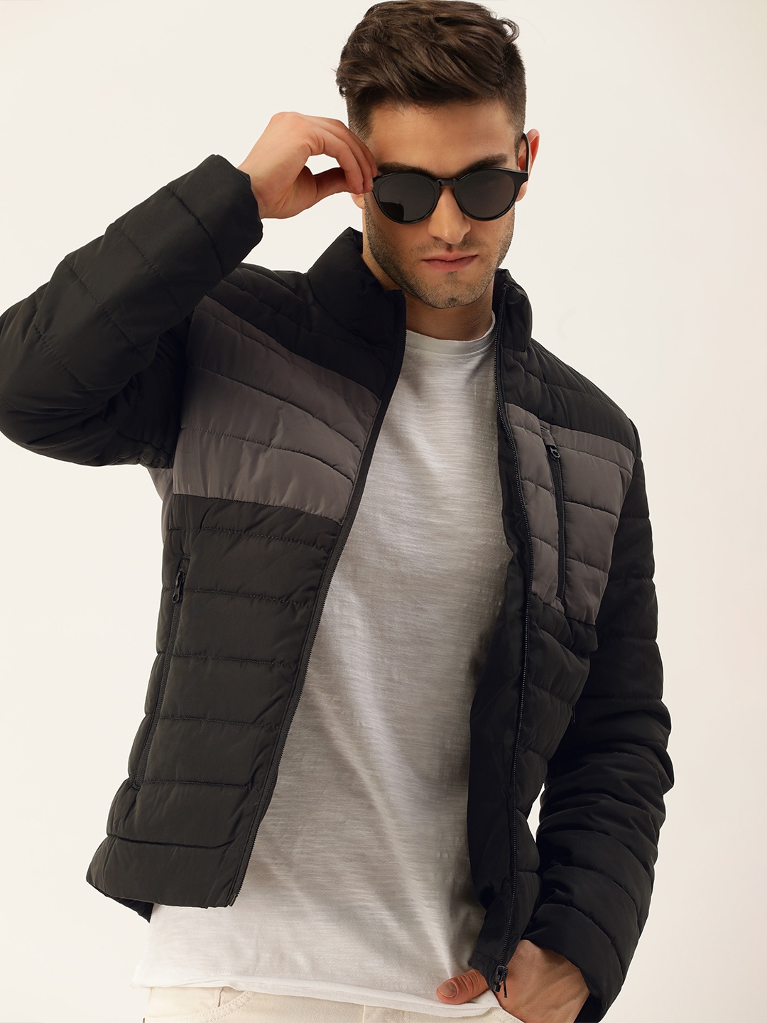 

Flying Machine Men Black & Grey Colourblocked Puffer Jacket