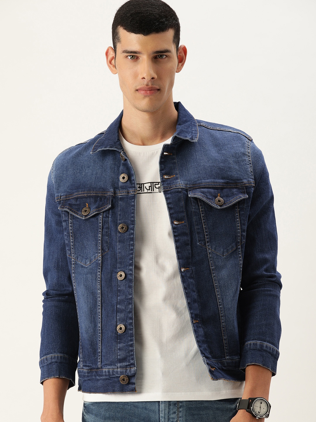 

Flying Machine Men Blue Solid Denim Trucker Jacket