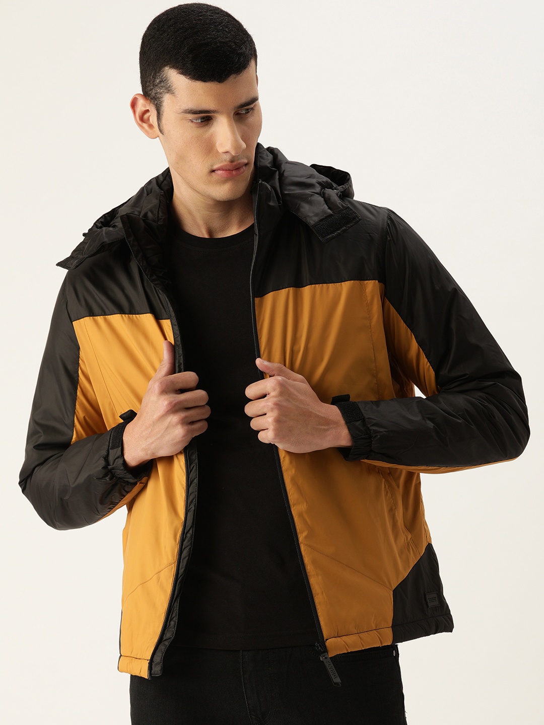 

Flying Machine Men Black And Mustard Colourblocked Hooded Bomber Jacket