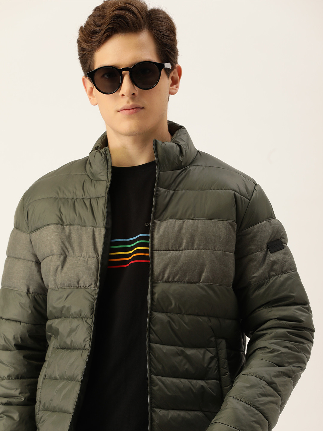 

Flying Machine Men Olive Green Solid Zip Detailed Padded Jacket