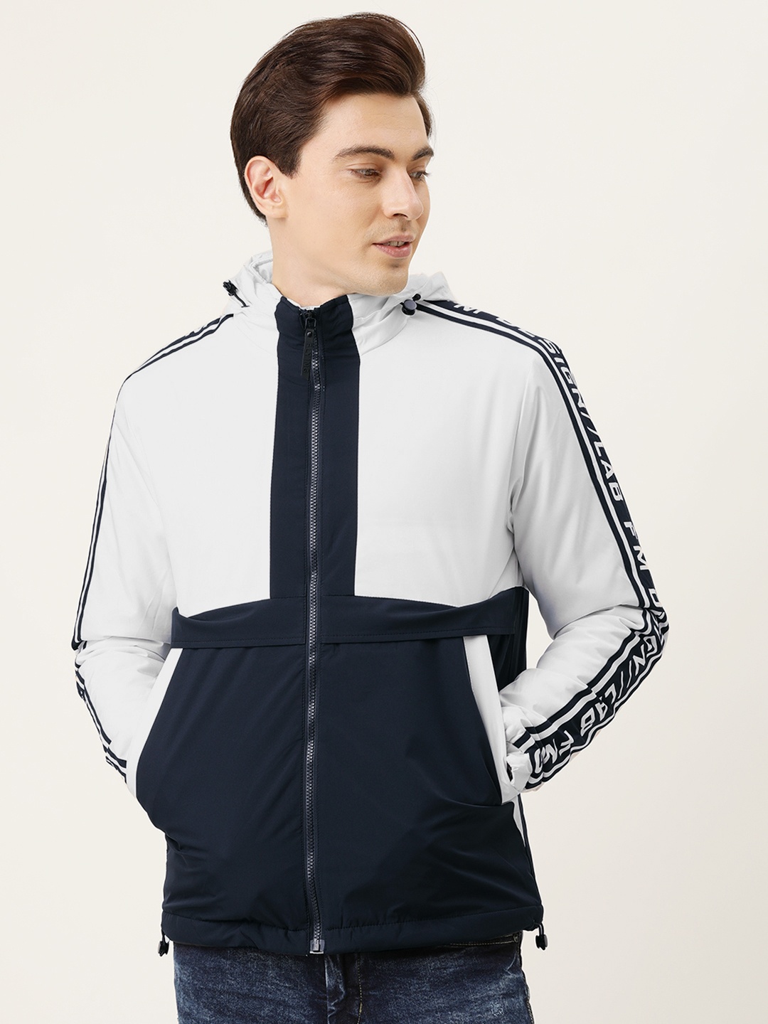 

Flying Machine Men White & Blue Colourblocked Puffer Jacket