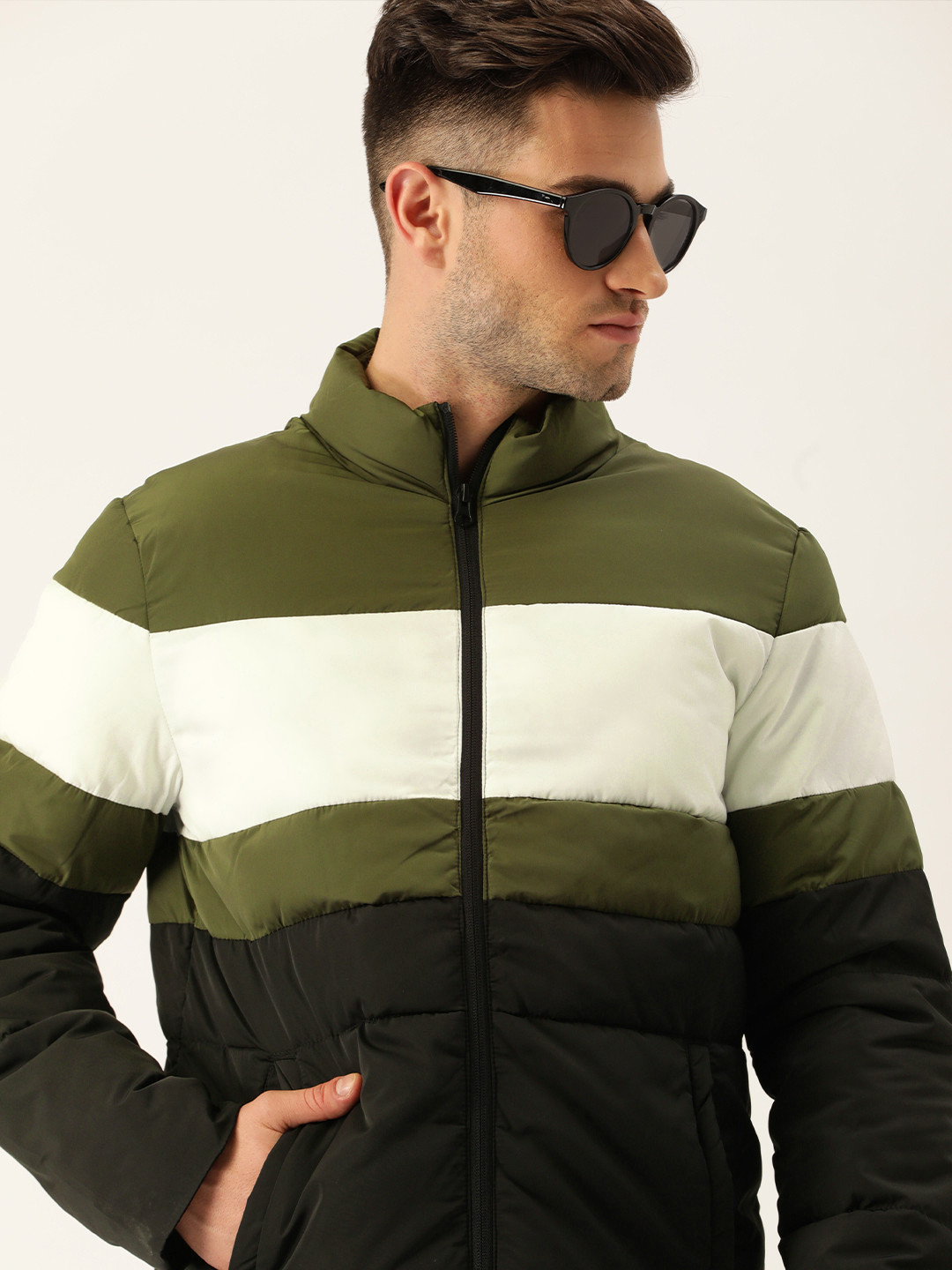 

Flying Machine Men Olive Green & Black Colourblocked Padded Jacket