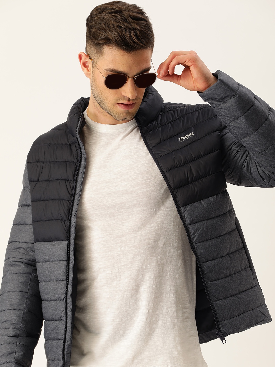 

Flying Machine Men Navy Blue And Grey Colourblocked Padded Jacket
