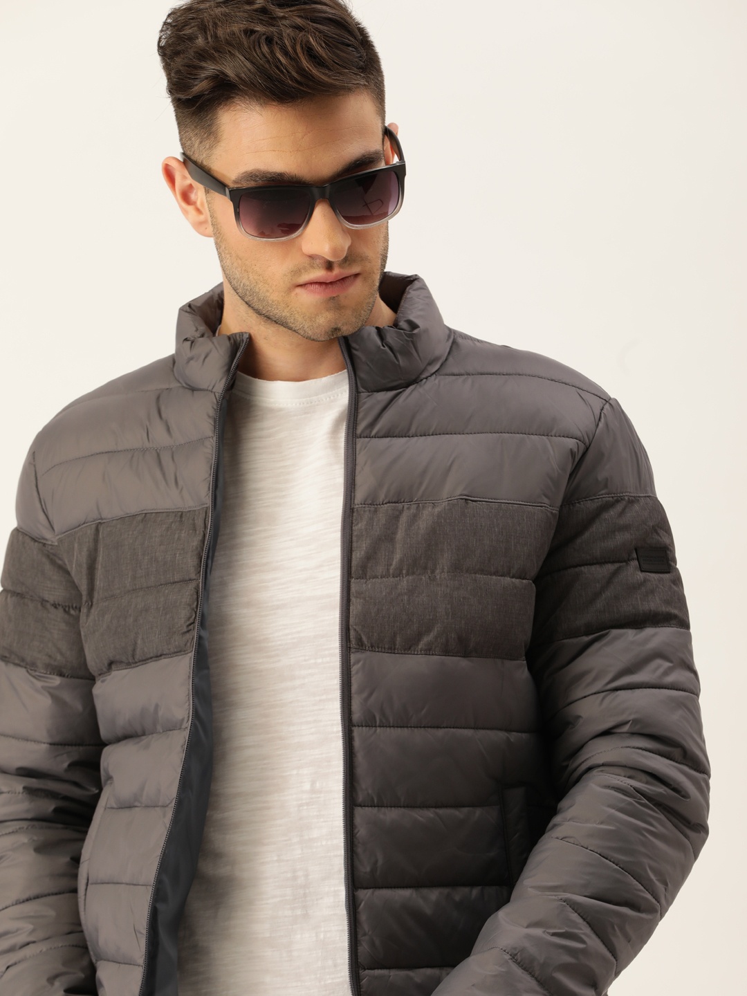 

Flying Machine Men Grey Colourblocked Stand-Collar Padded Jacket
