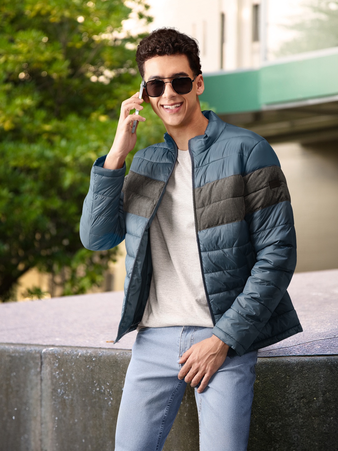 

Flying Machine Men Navy Blue Colourblocked Stand Collared Padded Jacket