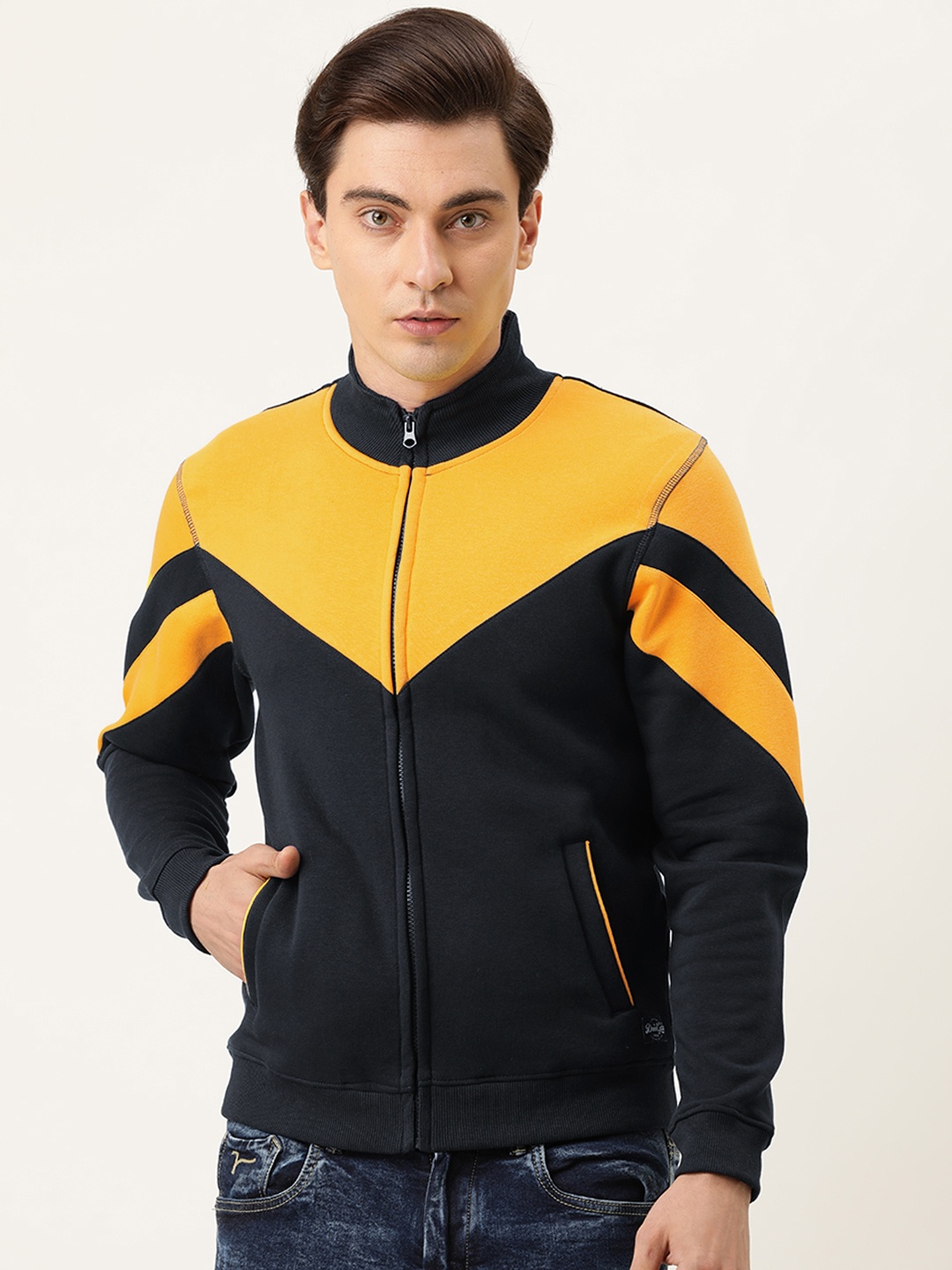 

Flying Machine Men Navy Blue & Yellow Colourblocked Sweatshirt