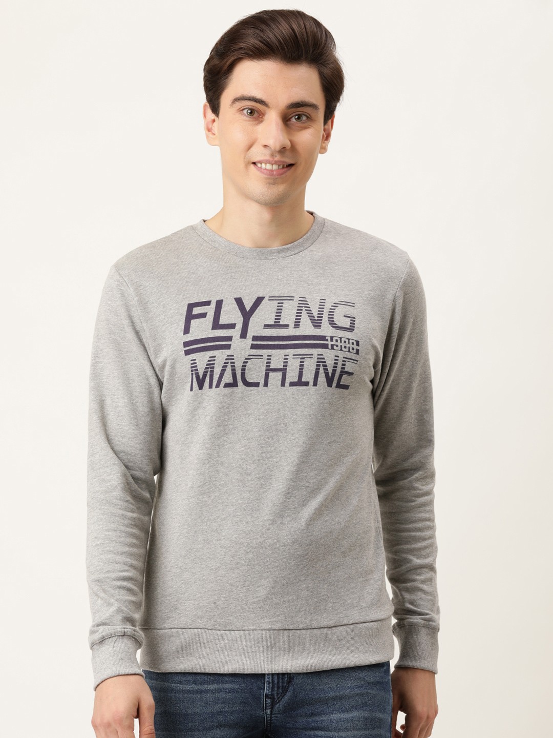 

Flying Machine Men Grey Melange Printed Sweatshirt