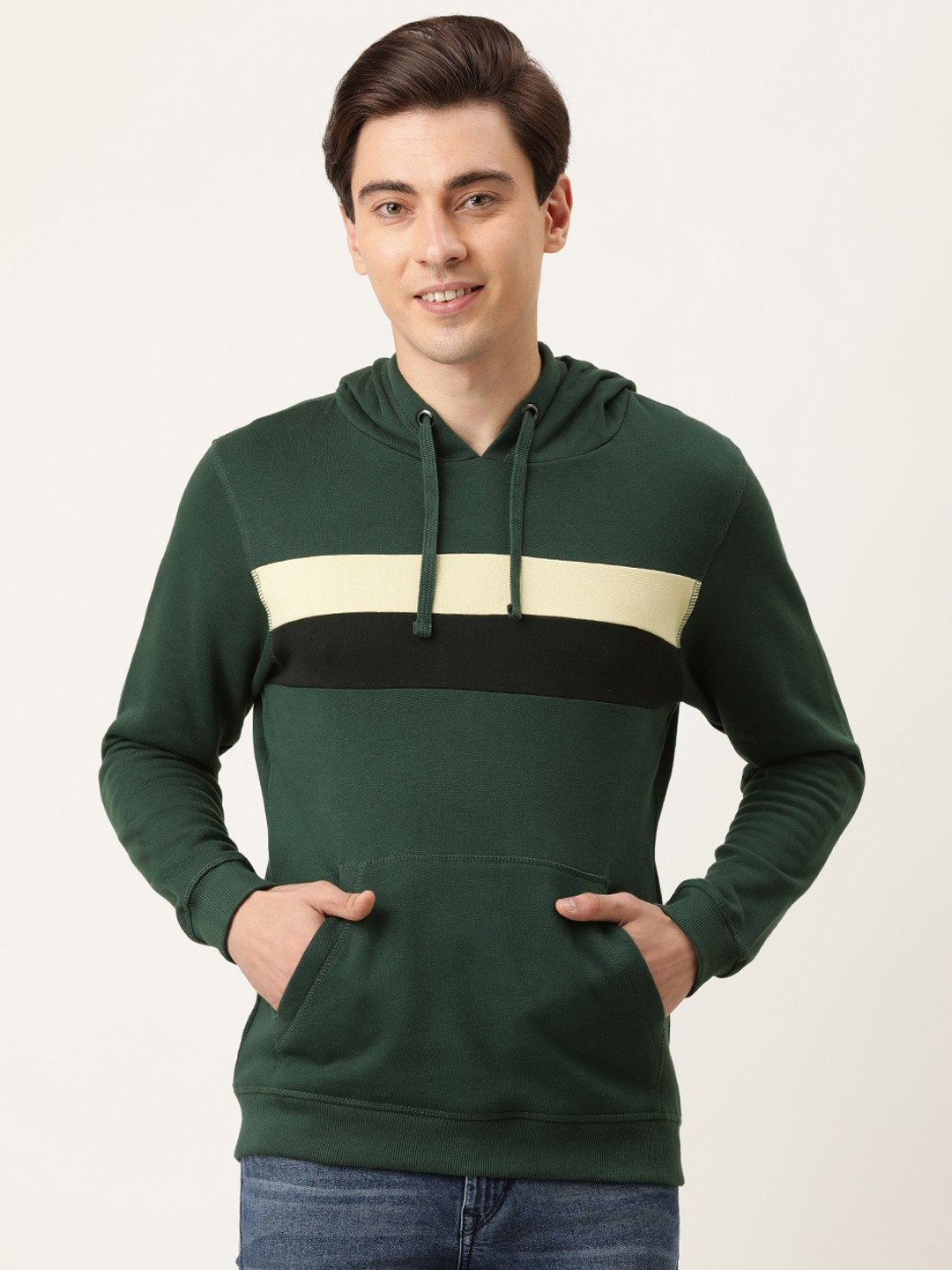 

Flying Machine Men Green Striped Hooded Sweatshirt