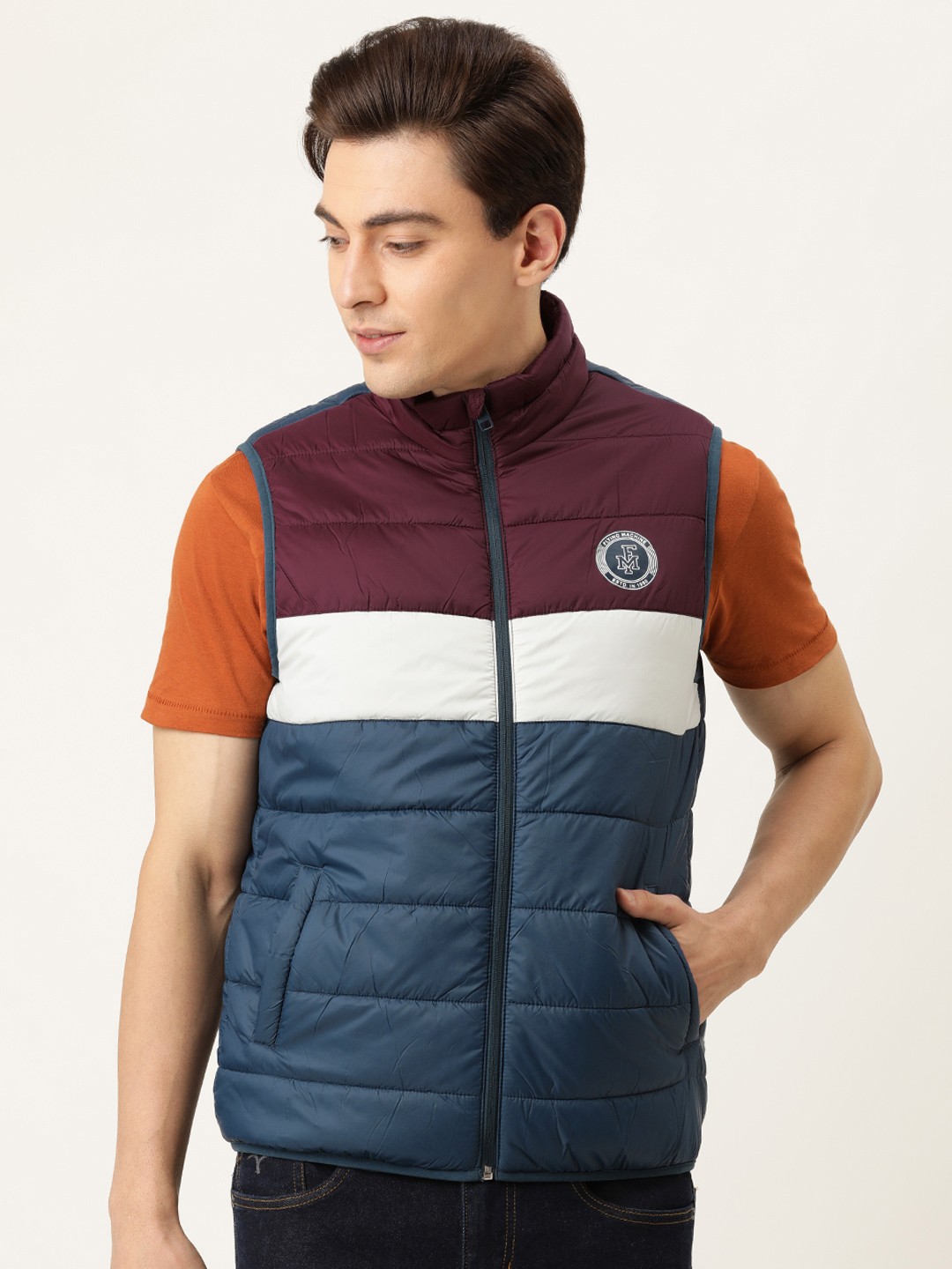 

Flying Machine Men Navy Blue & Maroon Colourblocked Padded Jacket