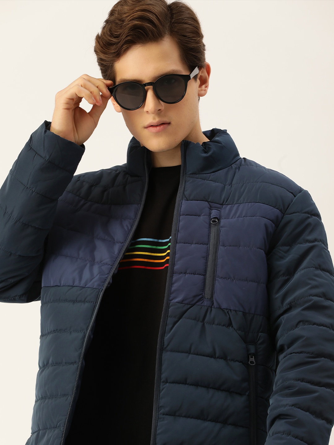 

Flying Machine Men Blue Colourblocked Zip Detailed Padded Jacket