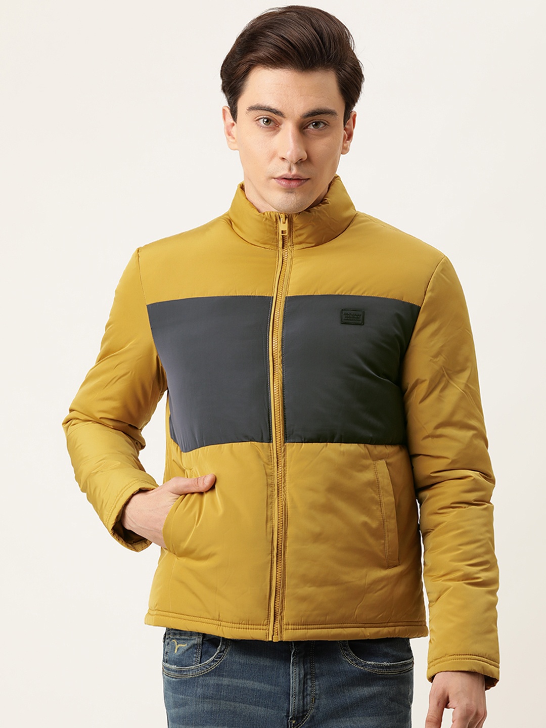 

Flying Machine Men Camel Brown Navy Blue Colourblocked Padded Jacket