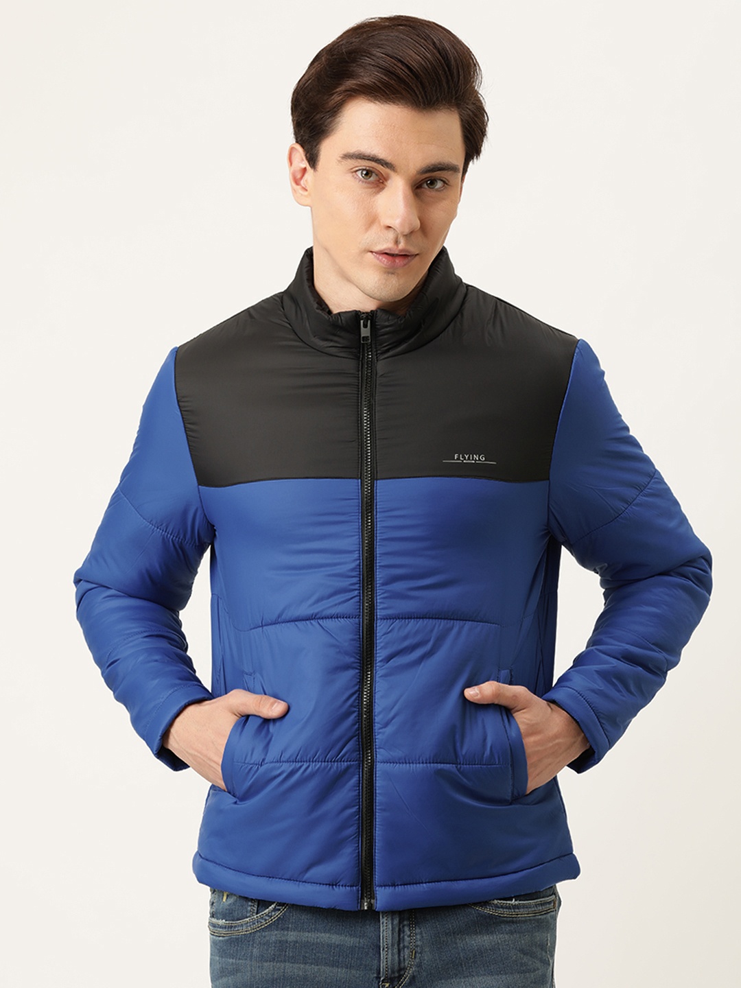 

Flying Machine Men Blue Black Colourblocked Padded Jacket