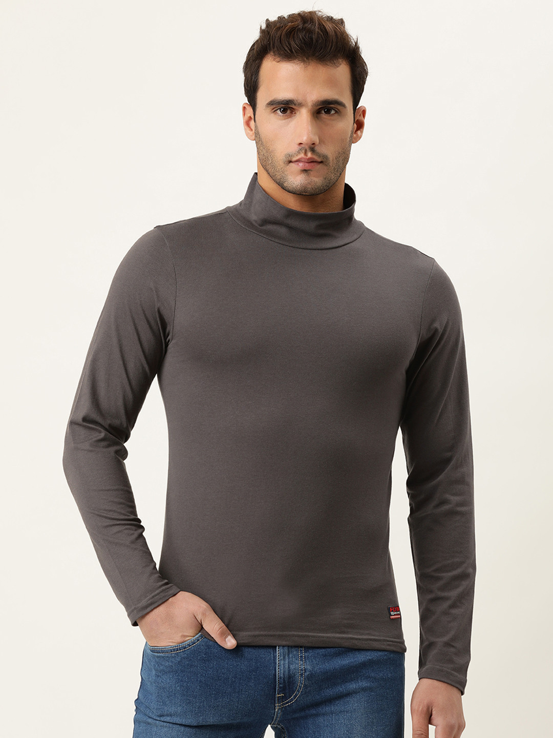 

Flying Machine Men Charcoal Grey Solid Turtle Neck Pure Cotton T-shirt
