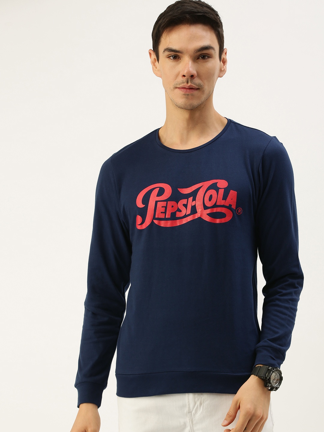 

Flying Machine X Pepsi Men Navy Blue Long Sleeve Pure Cotton T-shirt