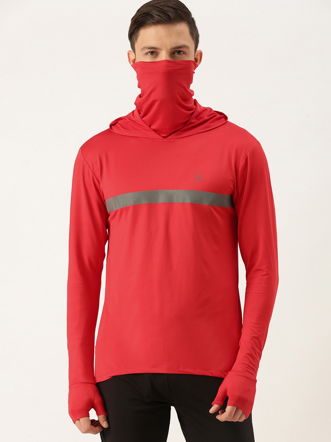 

Flying Machine Men Red Solid Casual Hooded T-shirt with Face Cover