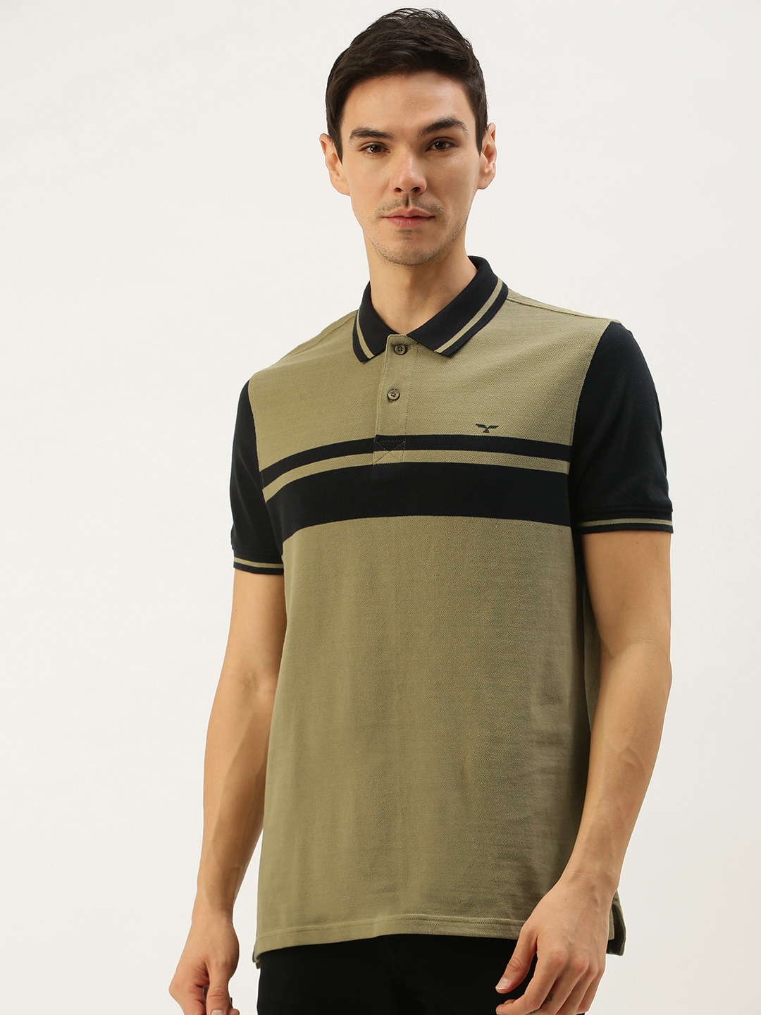 

Flying Machine Men Olive Green Black Striped Polo Collar Pure Cotton T-shirt