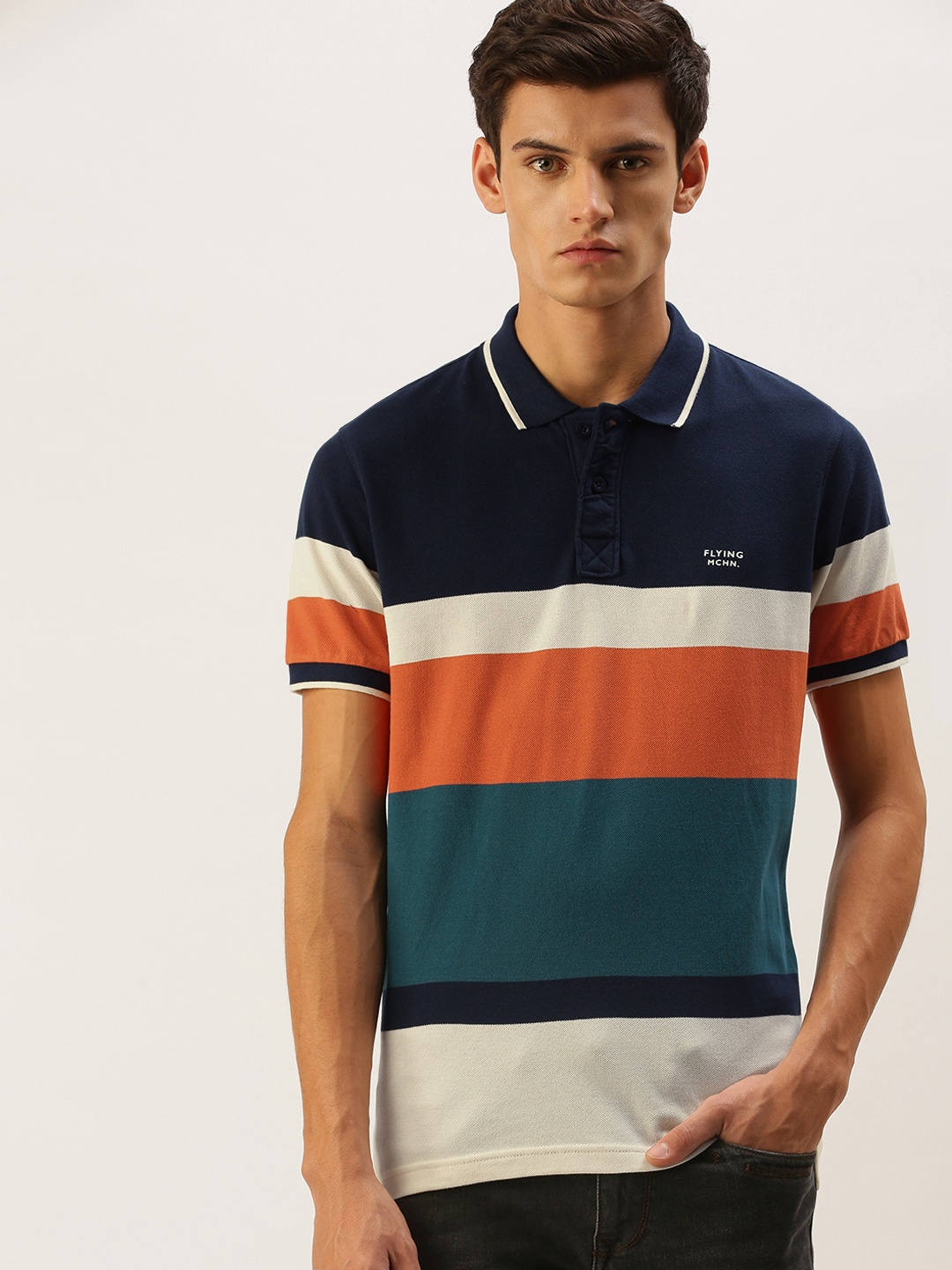 

Flying Machine Men Navy Blue & White Colourblocked Polo Collar Pure Cotton T-shirt