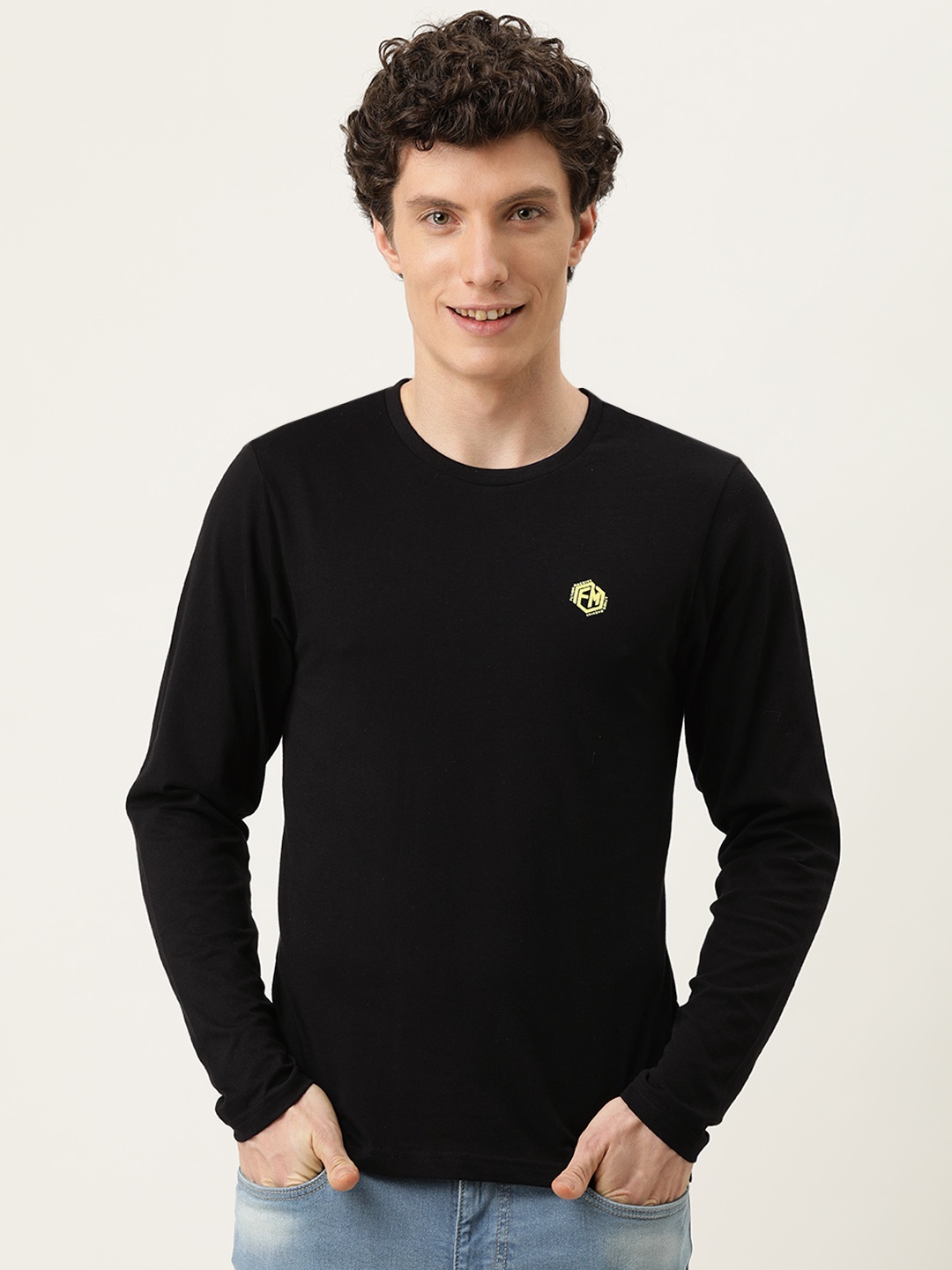 

Flying Machine Men Solid Black Brand Logo Applique Pure Cotton T-shirt