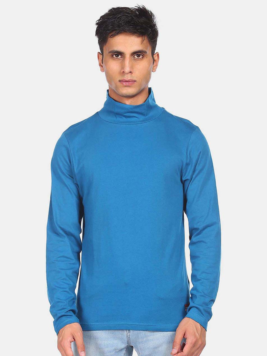 

Flying Machine Men Teal Pure Cotton Turtle Neck T-shirt
