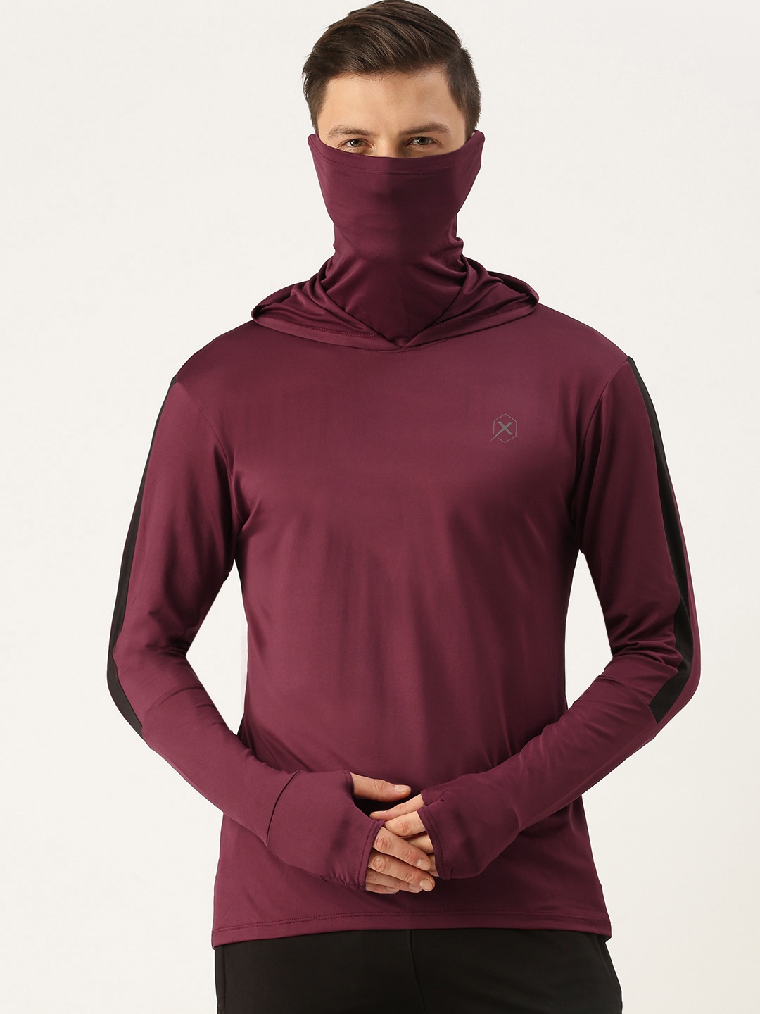 

Flying Machine Men Burgundy Solid Casual Hooded T-shirt with Face Cover