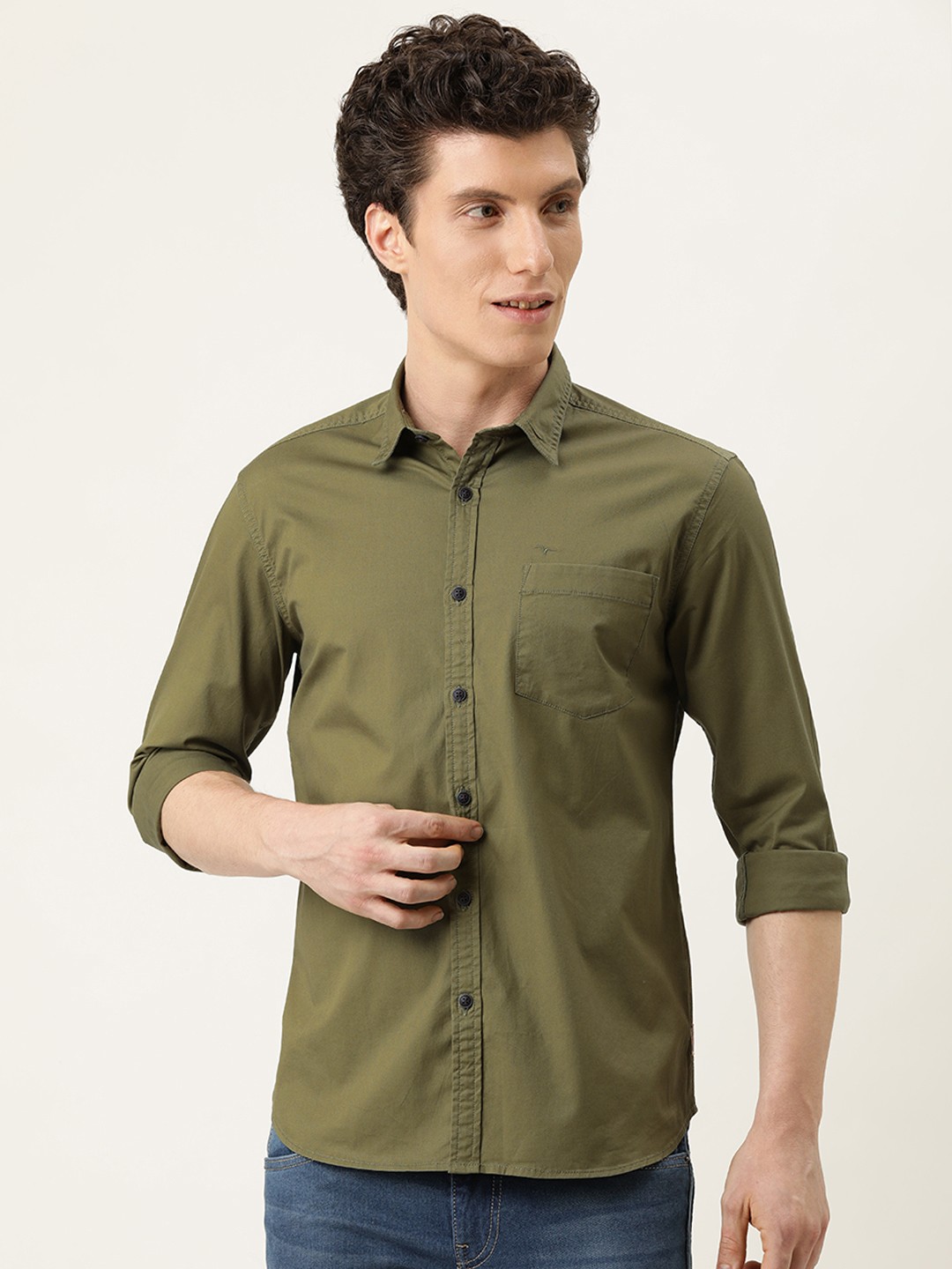 

Flying Machine Men Olive Green Slim Fit Solid Pure Cotton Opaque Casual Shirt