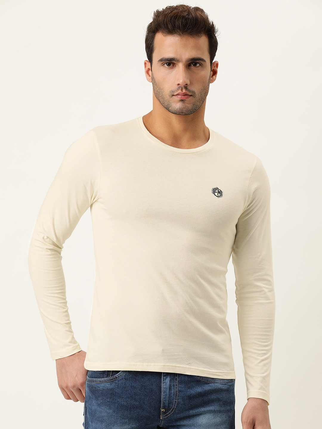 

Flying Machine Men Off White Solid Round Neck Pure Cotton T-shirt
