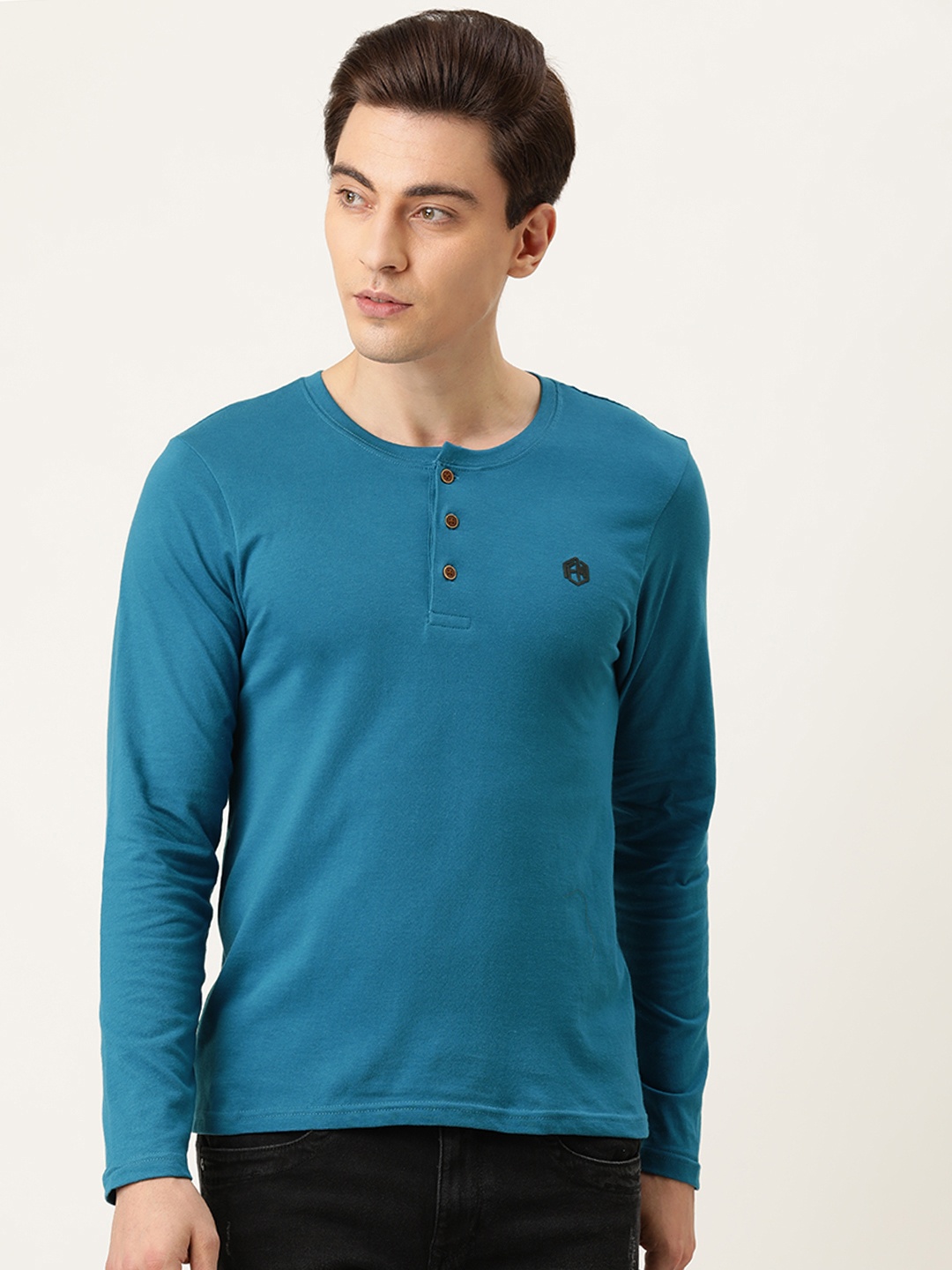 

Flying Machine Men Teal Blue Solid Henley Neck Pure Cotton T-shirt
