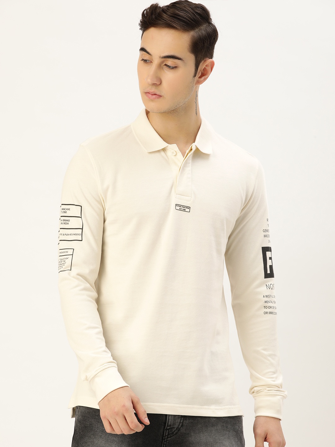

Flying Machine Men Off-White Typography Printed Pure Cotton Polo Collar T-shirt