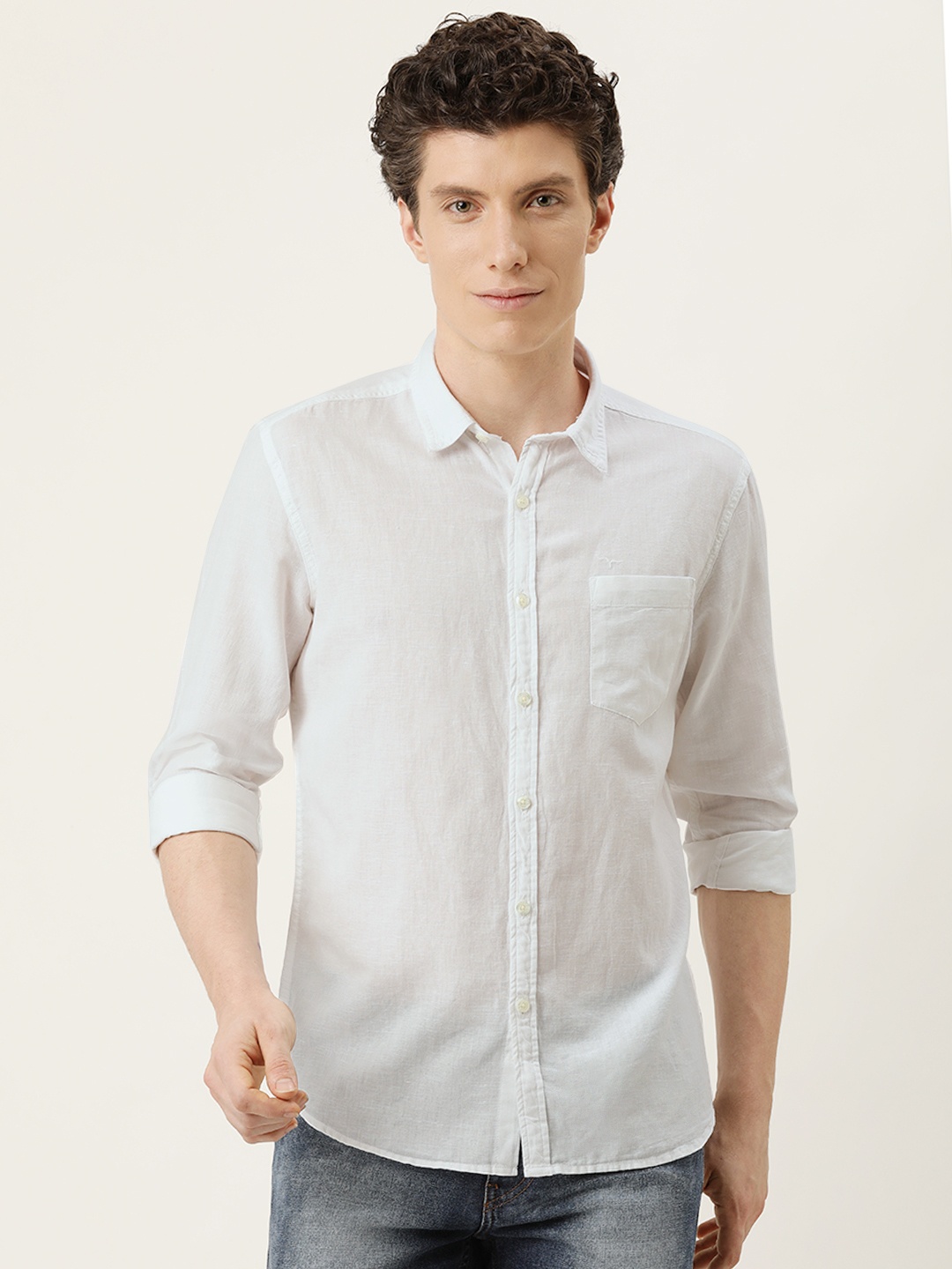 

Flying Machine Men White Slim Fit Solid Linen Cotton Opaque Casual Shirt