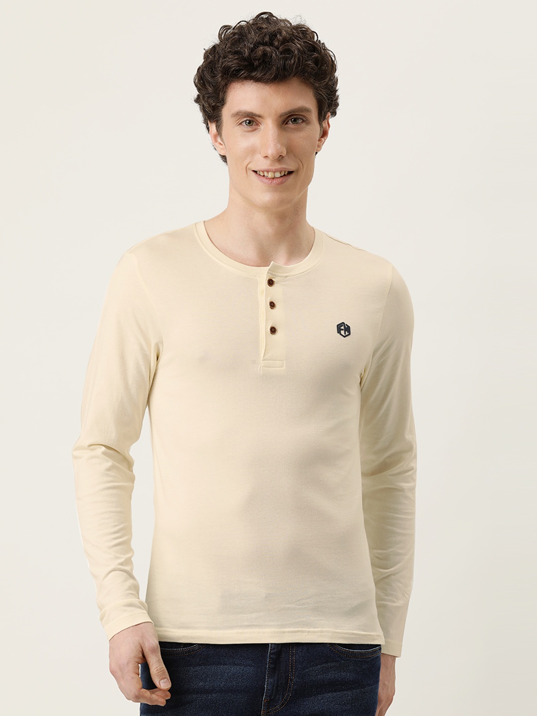 

Flying Machine Men Off White Pure Cotton Henley Neck T-shirt