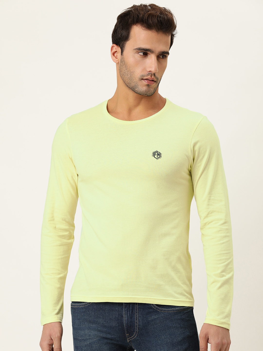 

Flying Machine Men Yellow Solid Round Neck Pure Cotton T-shirt