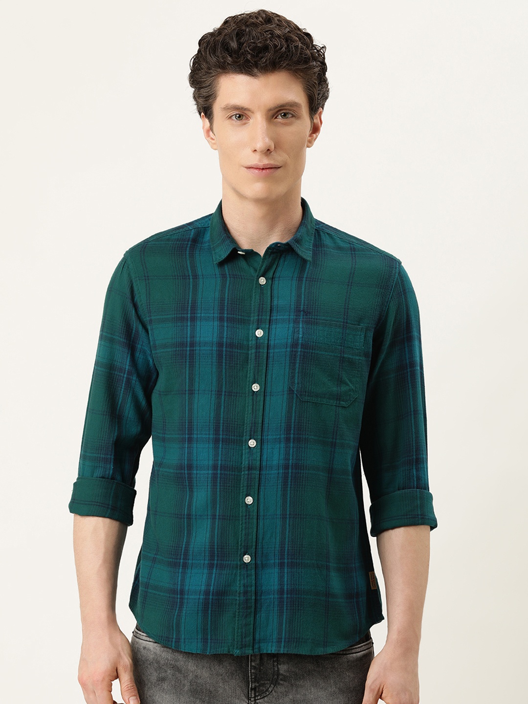 

Flying Machine Men Green & Blue Slim Fit Checked Pure Cotton Opaque Casual Shirt