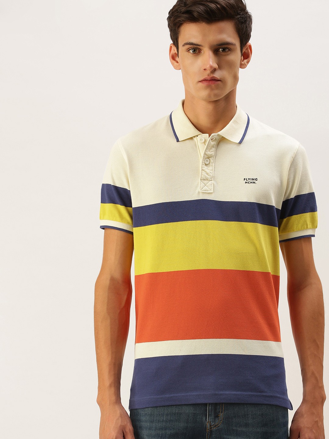 

Flying Machine Men White & Blue Colourblocked Polo Collar Pure Cotton T-shirt