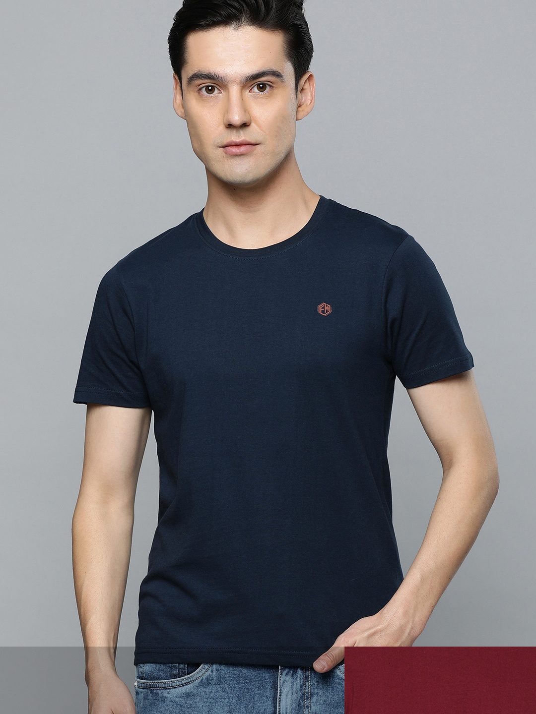 

Flying Machine Men Navy Blue & Maroon Pack Of 2 Solid Pure Cotton Slim Fit T-shirts