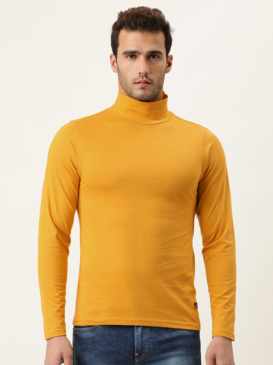 

Flying Machine Men Mustard Yellow Solid Turtle Neck Pure Cotton T-shirt
