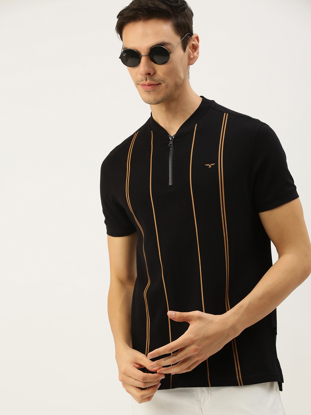 

Flying Machine Men Black Striped Polo Collar Slim Fit Pure Cotton T-shirt