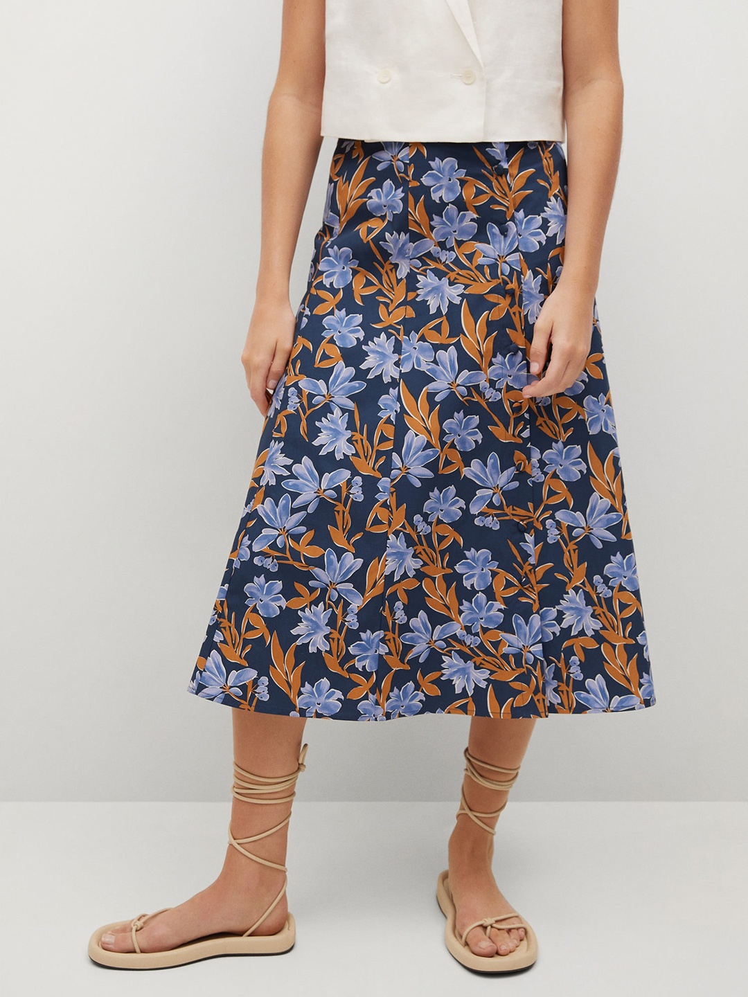 

MANGO Women Navy Blue & Brown Pure Cotton Floral Print A-line Midi Skirt