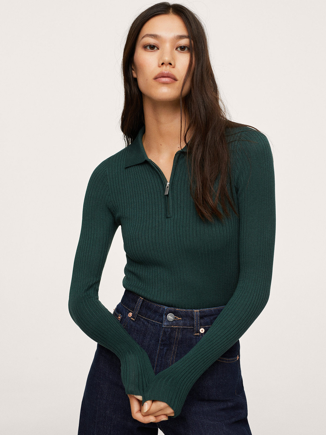 

MANGO Women Green Ribbed Pullover