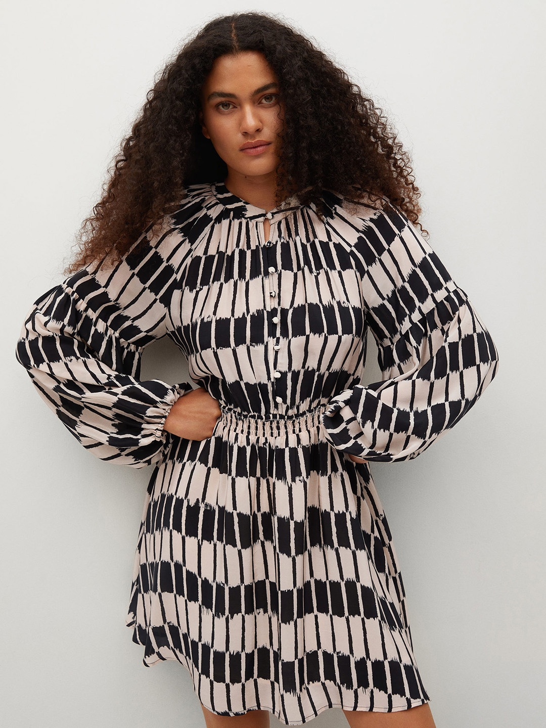 

MANGO Black & Off White Geometric Print Fit & Flare Dress