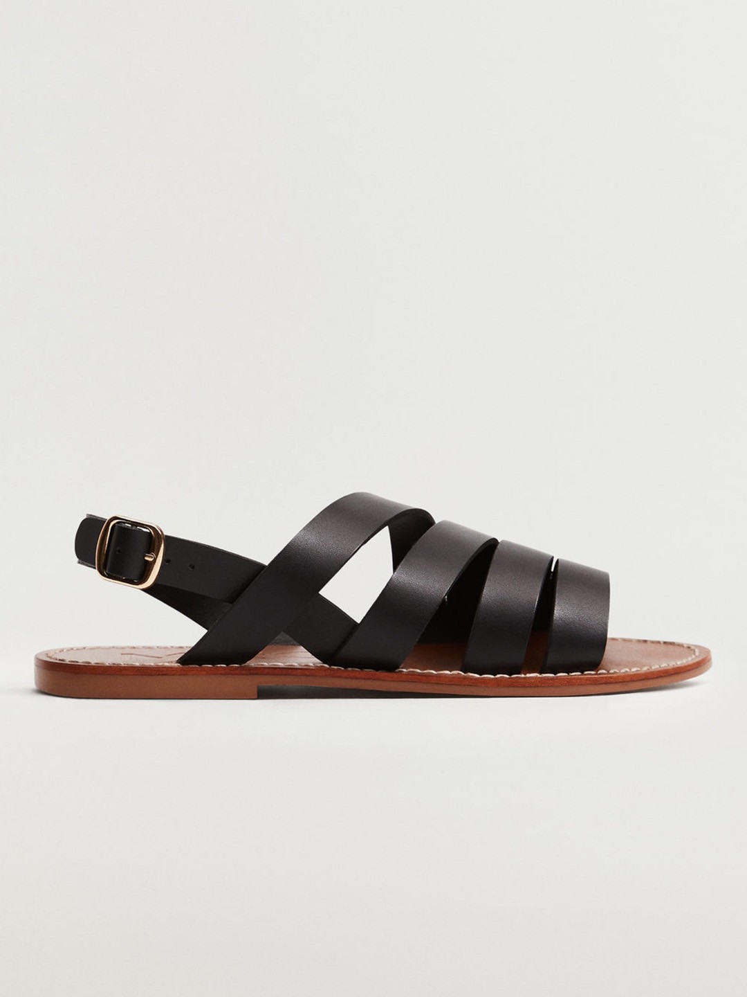 

MANGO Women Black Solid Leather Open Toe Flats