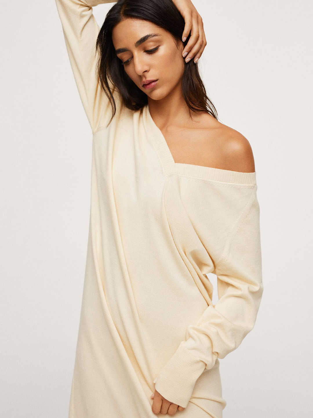 

MANGO Women Cream-Coloured Solid Pure Cotton A-Line Midi Dress