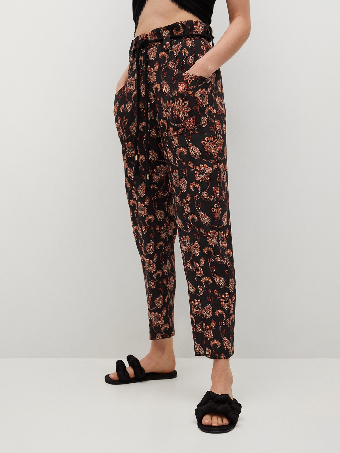 

MANGO Women Black & Orange Ethnic Motifs Printed Trousers