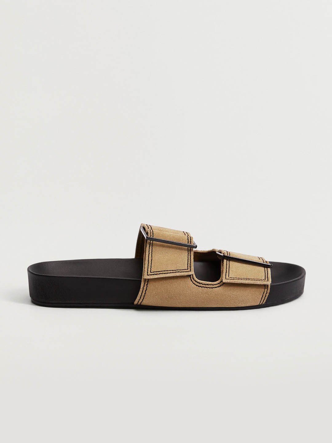

MANGO Women Camel Brown Leather Solid Open Toe Flats with Slider Buckle Detail