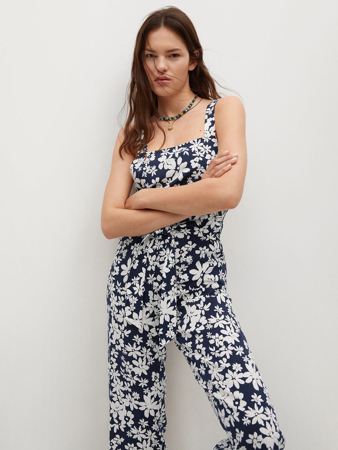 

MANGO Navy Blue & White Printed Basic Jumpsuit Comes With A Belt