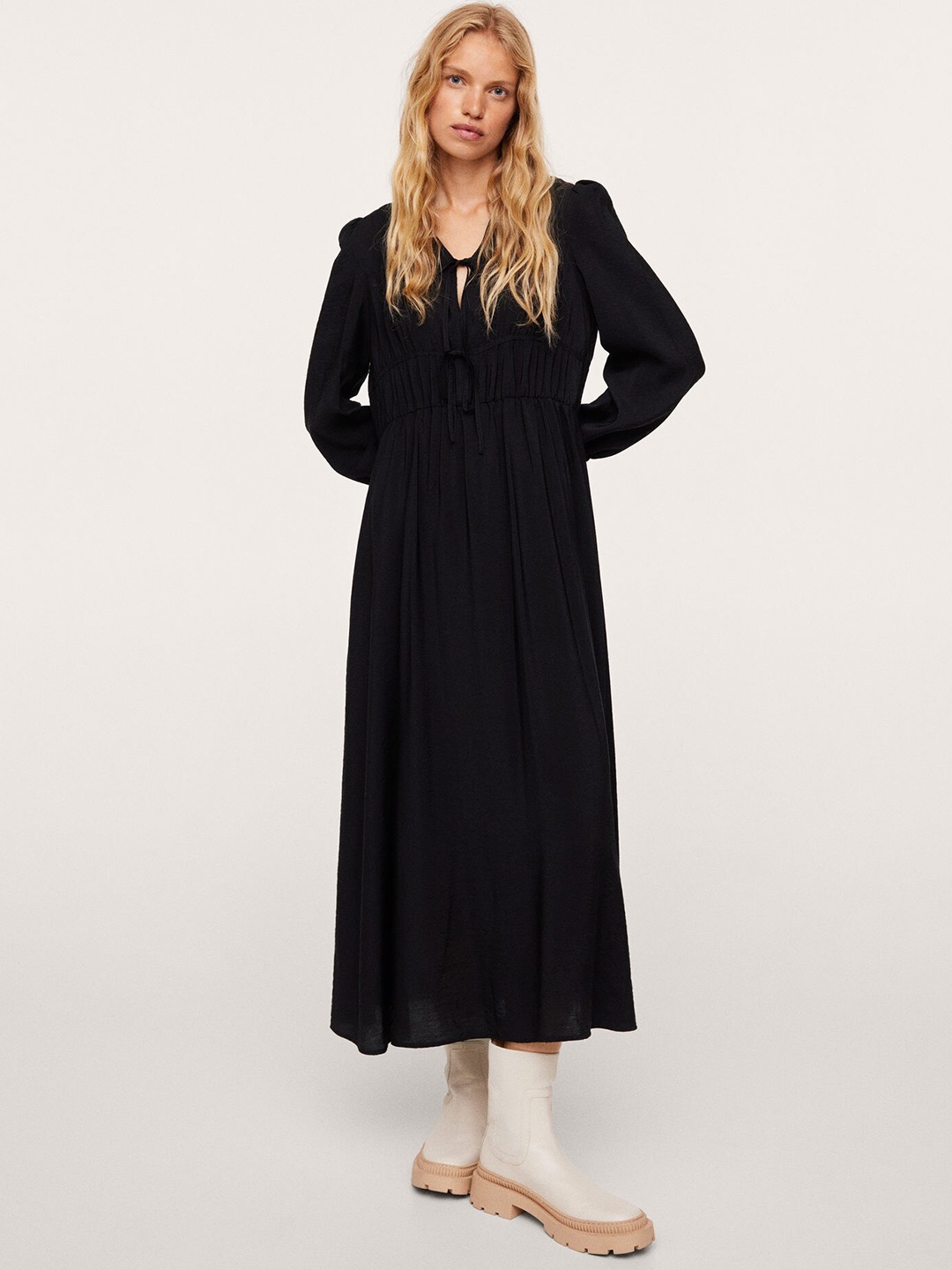 

MANGO Black Solid Tie-Up Neck A-Line Midi Dress