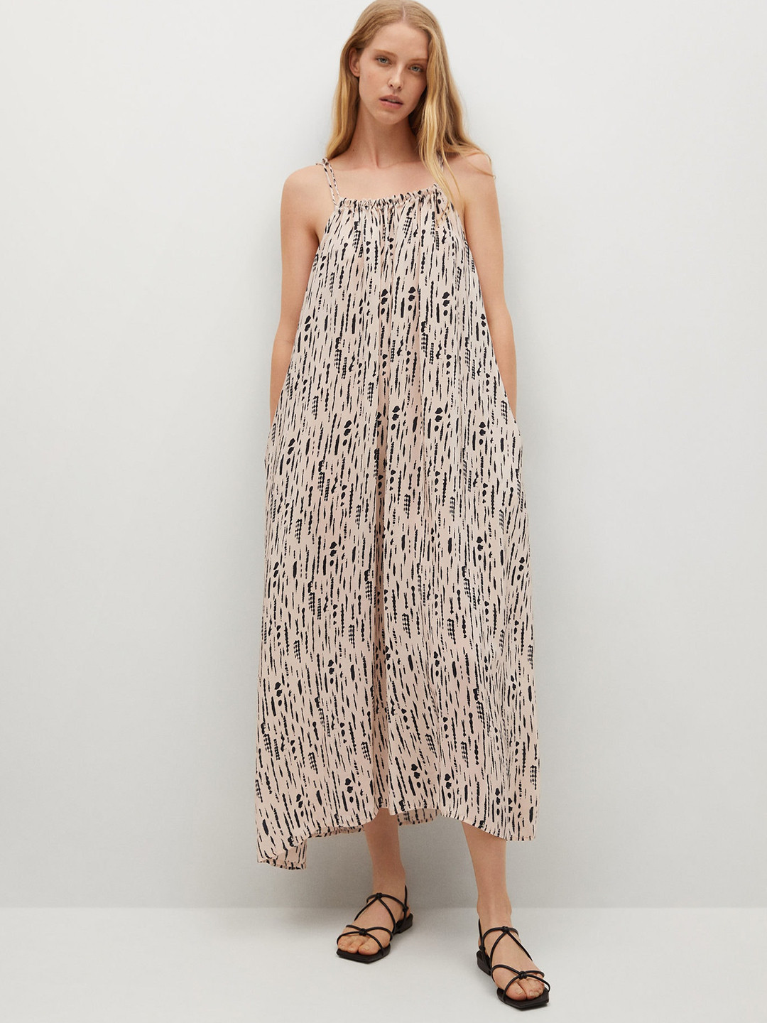 

MANGO Beige & Black Abstract Printed Maxi Dress