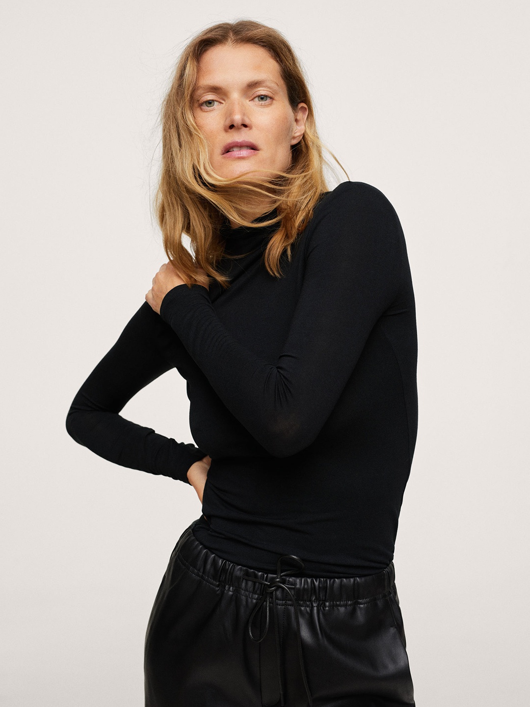 

MANGO Women Black Solid High Neck T-shirt