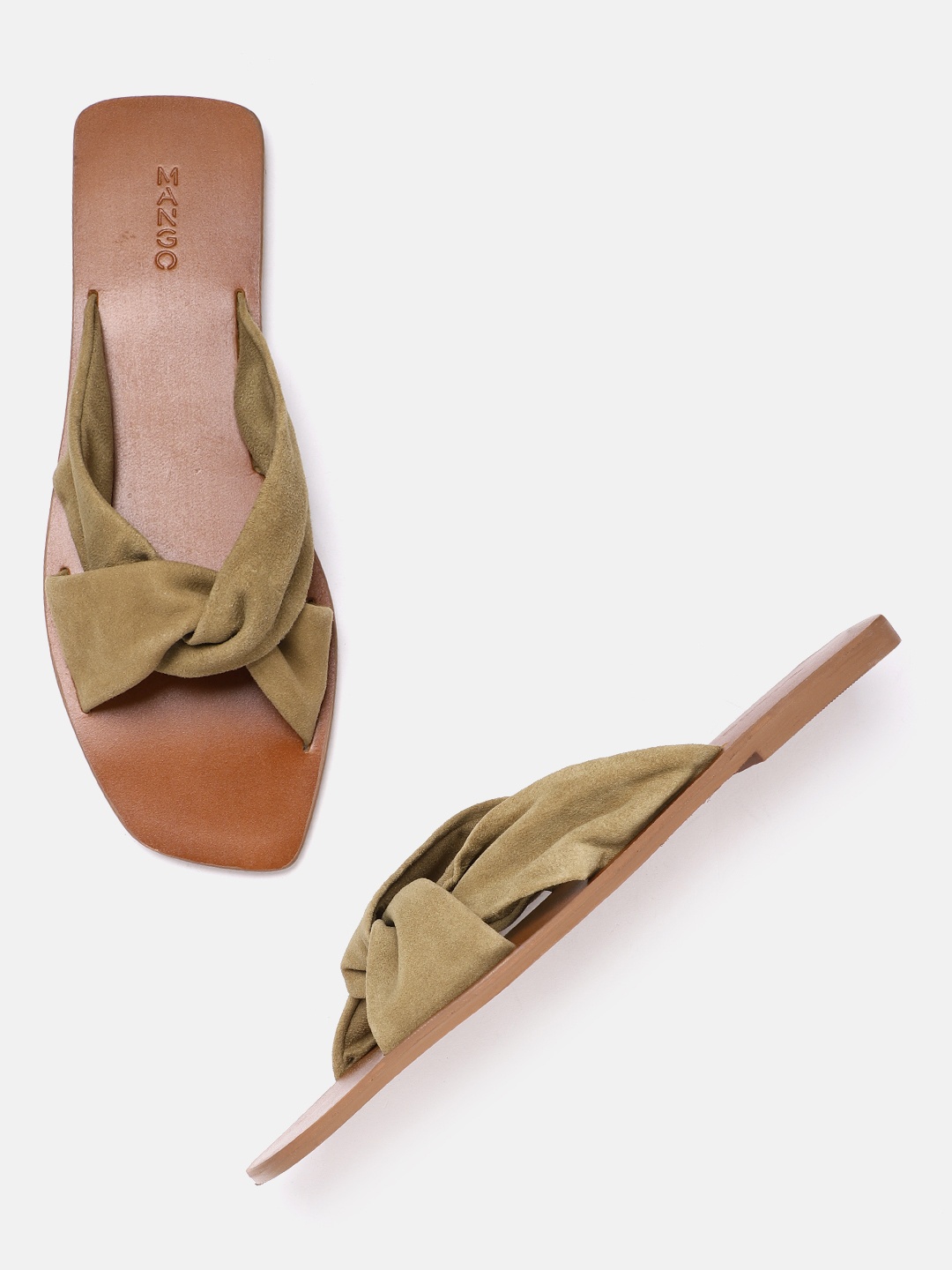 

MANGO Women Olive Green Solid Leather Open Toe Flat with Suede Finish & Criss-Cross Detail